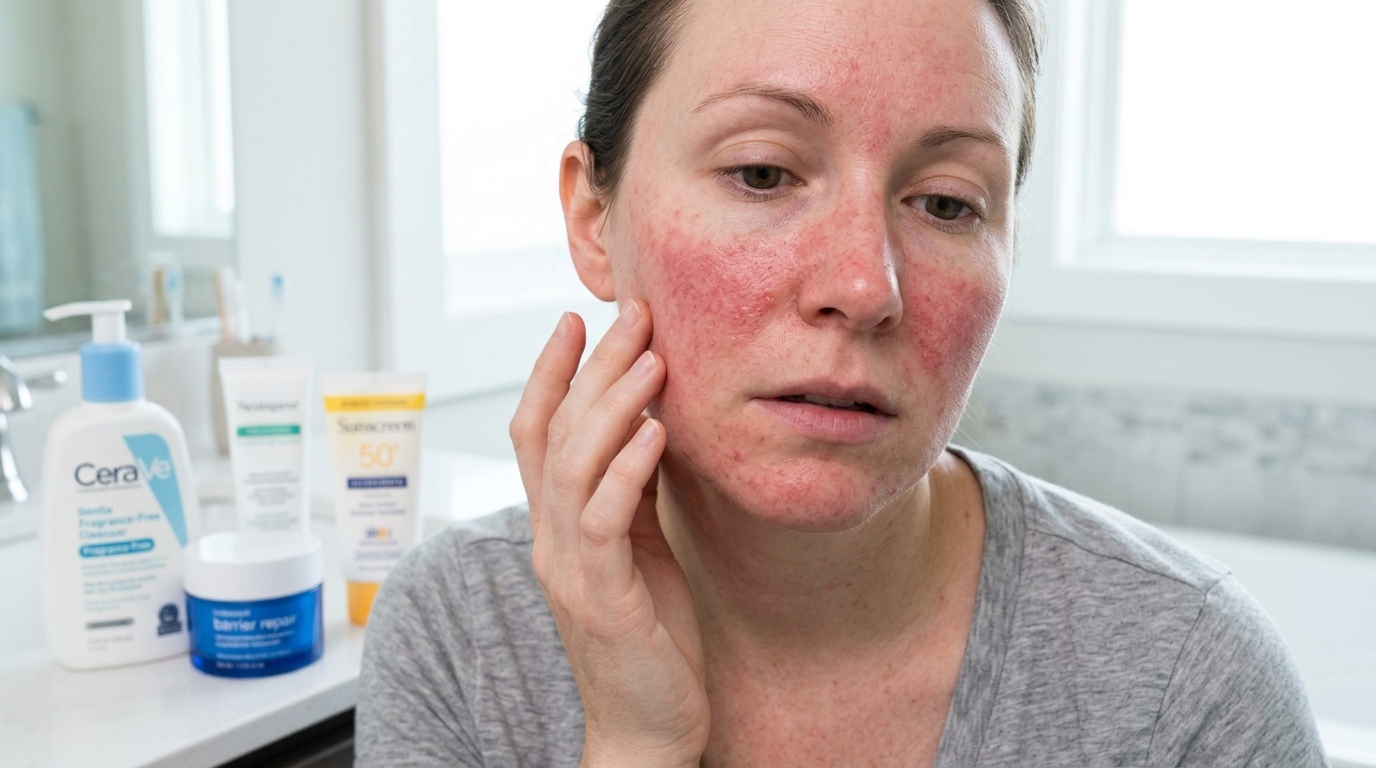 A woman with persistent red skin on her face, possibly indicating a skin condition like rosacea or eczema.