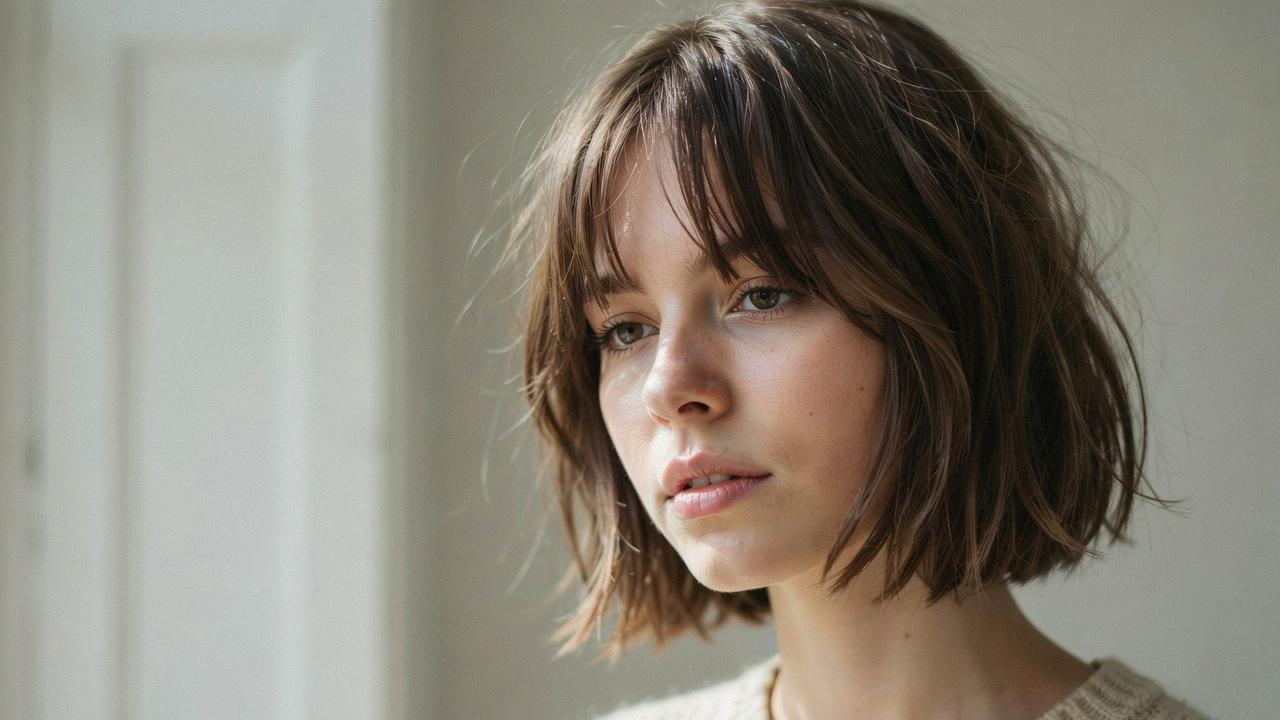 Shaggy messy layered bob with wispy fringe.