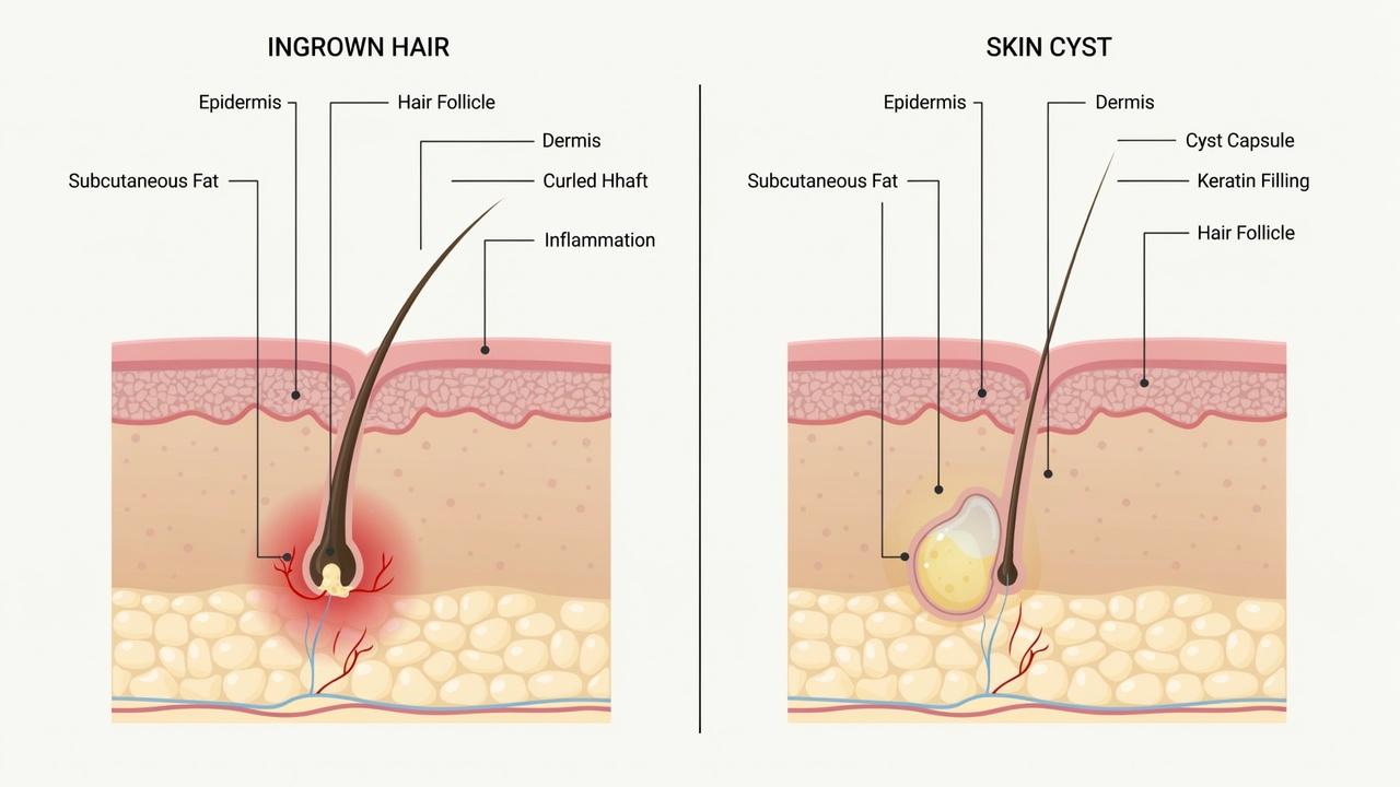 Cross-sectional comparison of an ingrown hair and a skin cyst beneath the skin.
