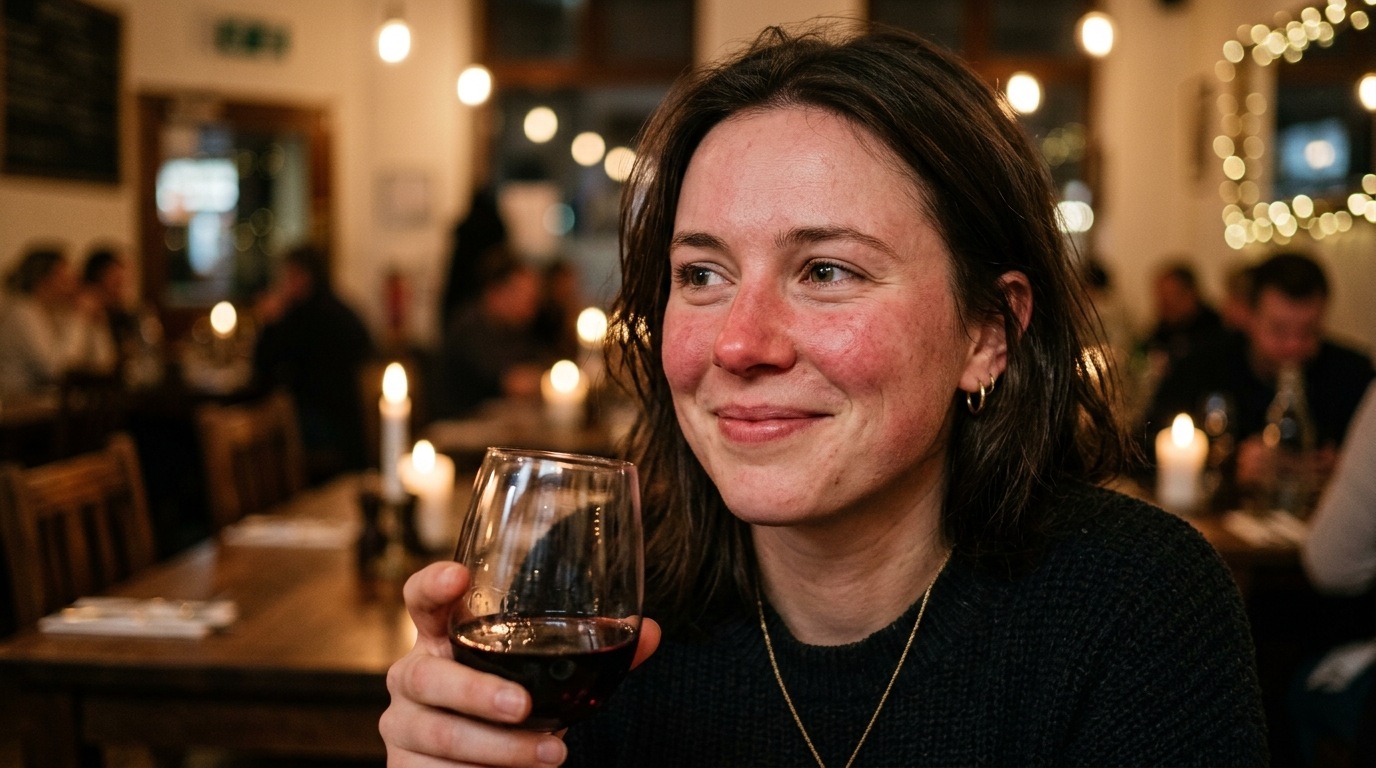 A smiling woman with a glass of wine, highlighting the potential for alcohol to cause facial redness and rosacea flare-ups.