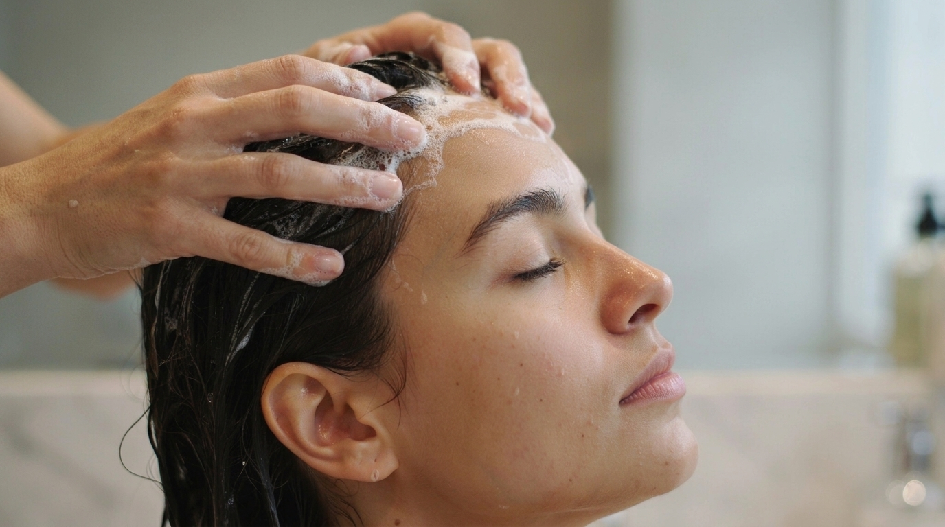 Person thoroughly wetting hair and using the correct amount of shampoo before washing.