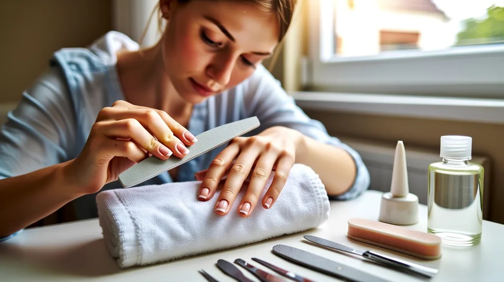 Beginner learning how to file nails with proper technique.