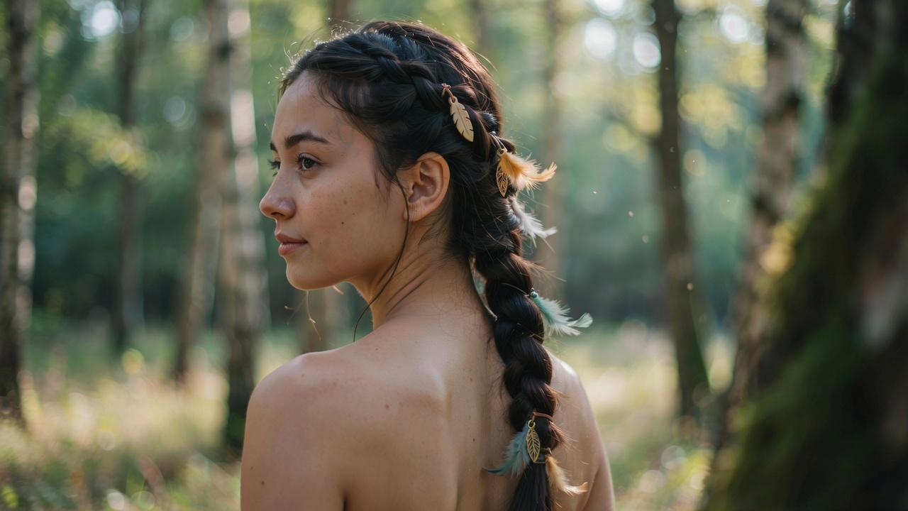 Braided hairstyle with decorative feather-inspired hair accessories.
