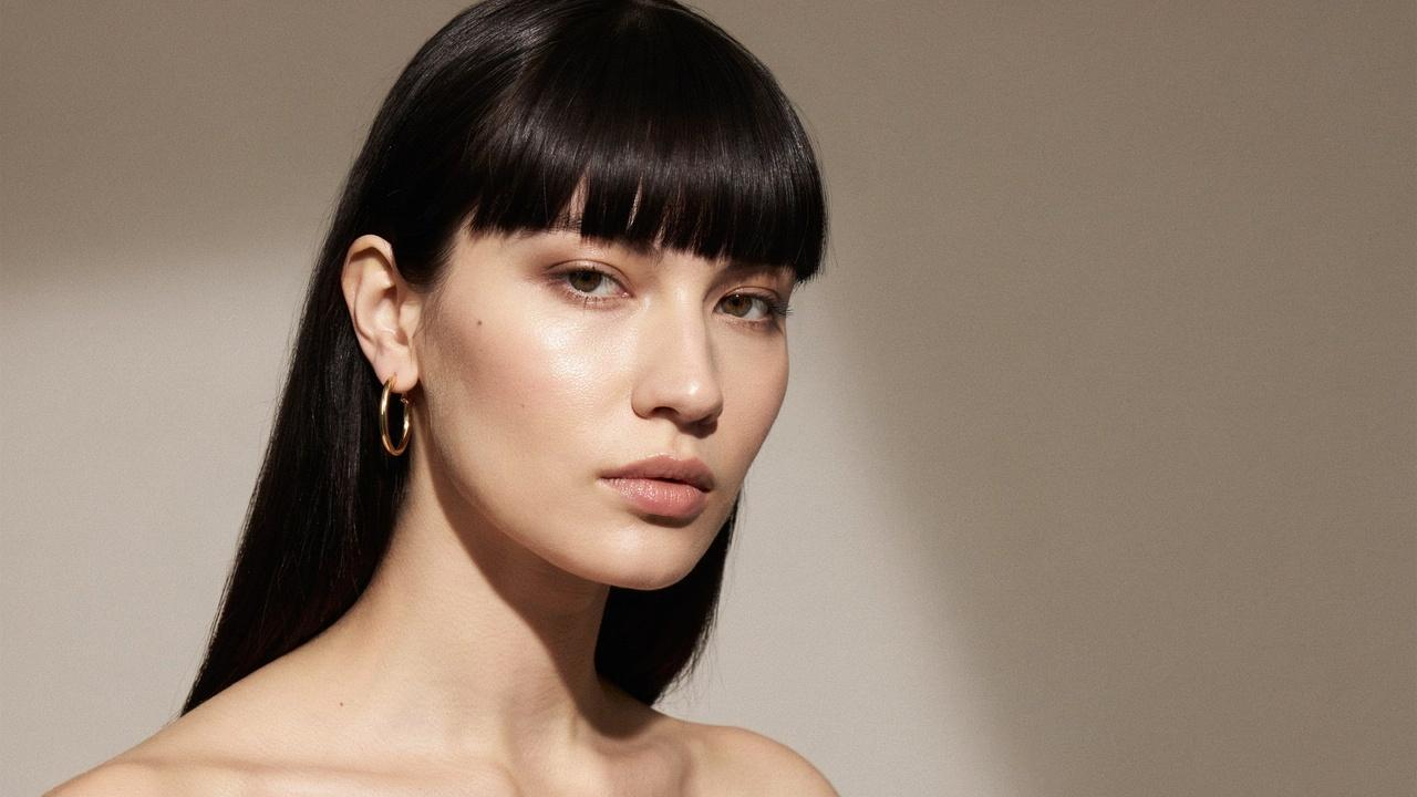Woman with sleek blunt bangs and straight hair.
