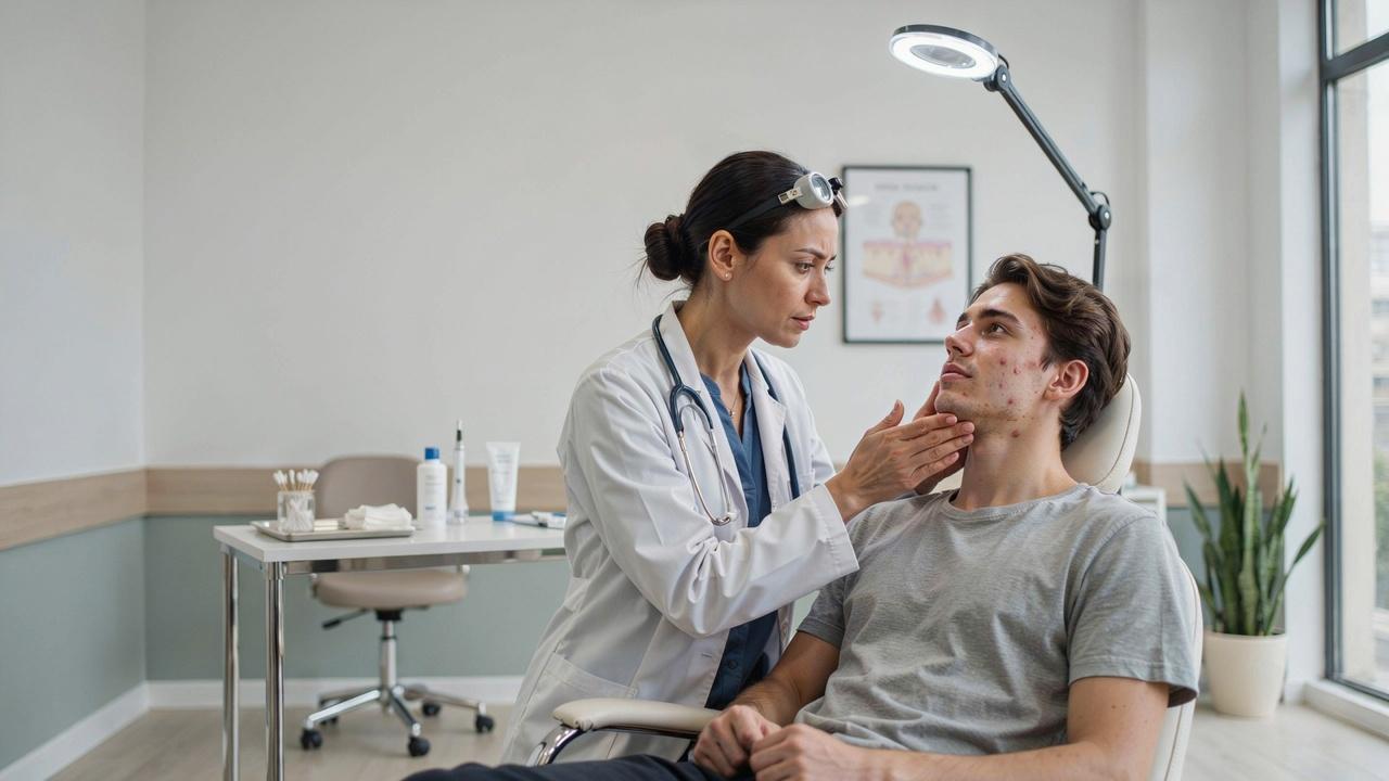 Dermatologist evaluating persistent facial acne.