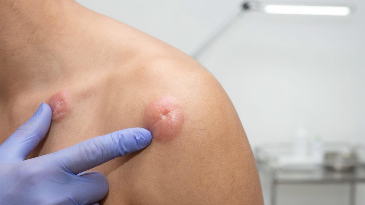 Close-up of raised keloid scars on healthy skin during a dermatology examination.
