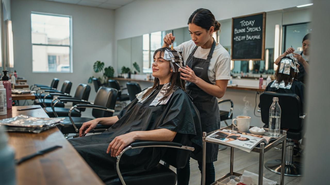 Client during a long double process color appointment.