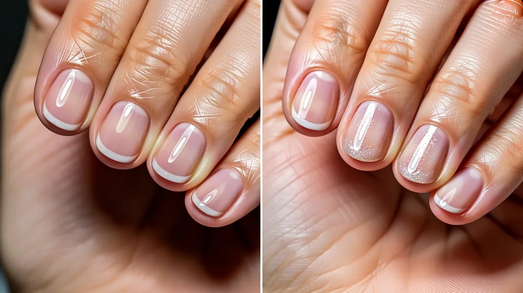 Healthy filed nails compared with damaged nails to show the benefits of proper nail filing.