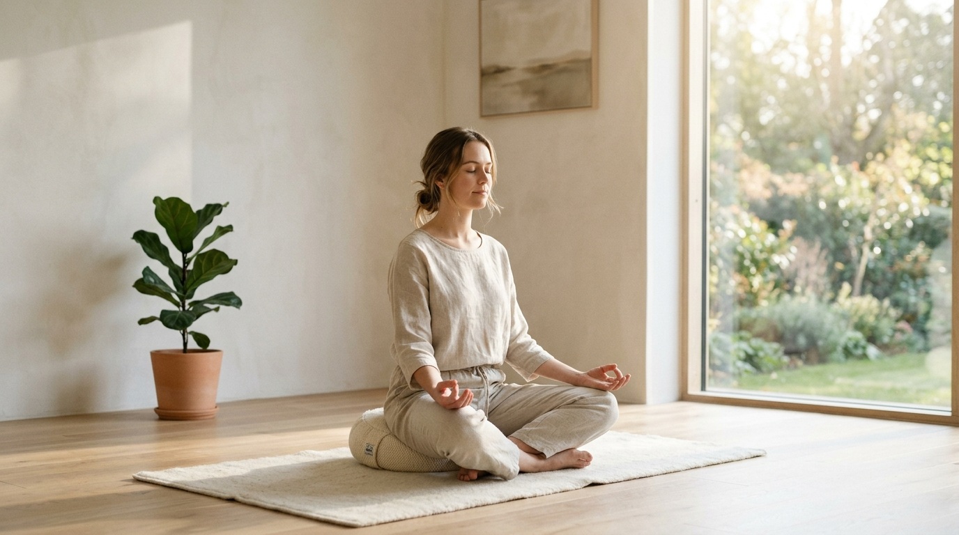 A serene person meditating in a minimalist, sunlit room with soft natural lighting and a peaceful atmosphere, representing stress management and mindfulness.
