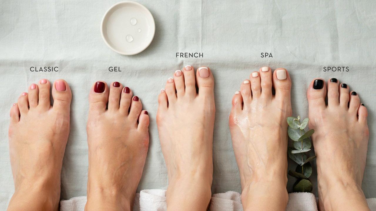 Different types of pedicures showing various nail finishes and foot care.