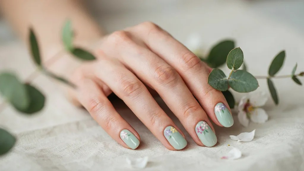 Light green manicure featuring delicate floral nail art.