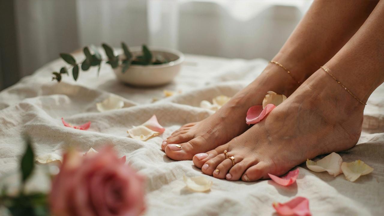 Elegant feet showcasing a minimalist pedicure with tiny heart accents in a soft, romantic spa-inspired setting.
