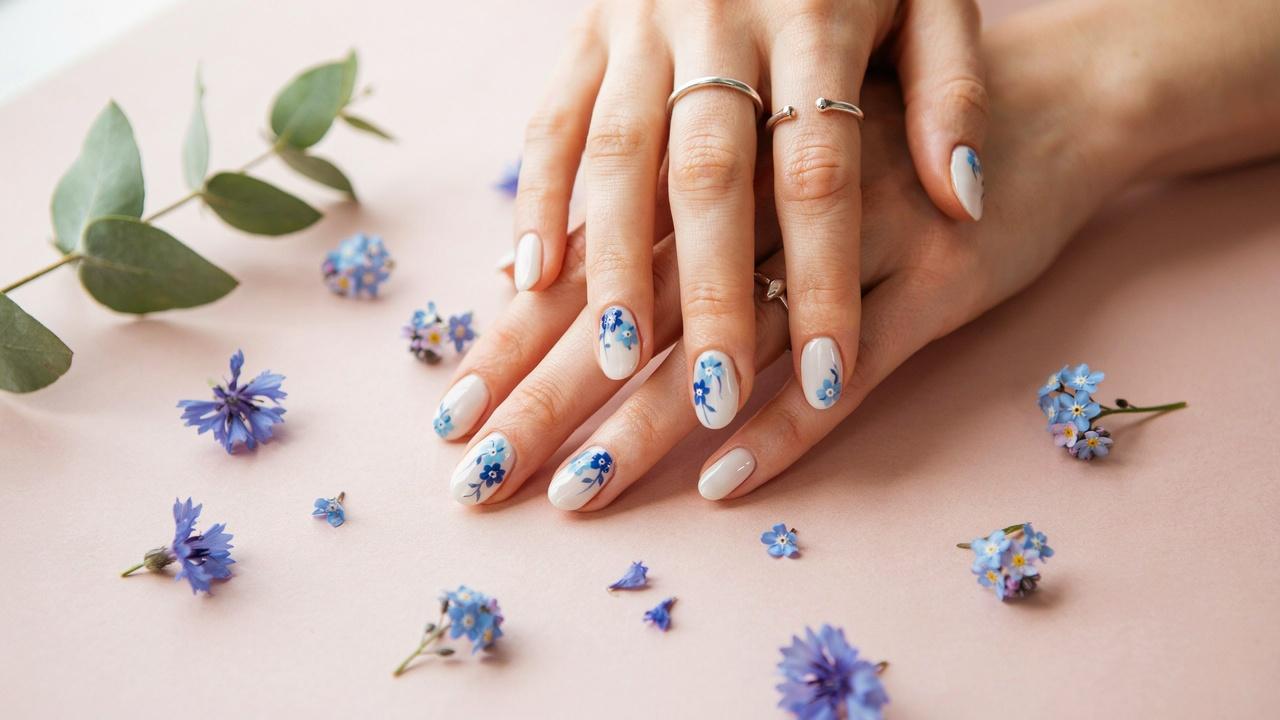 Glossy white nails featuring delicate blue floral nail art and classy spring-influenced details.