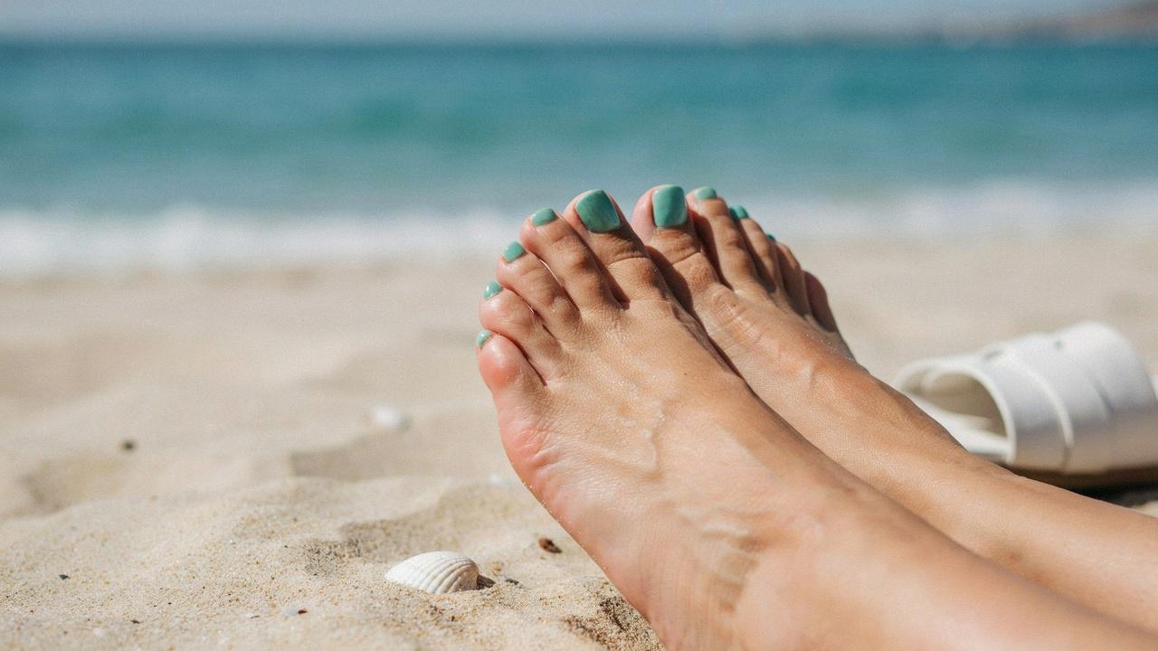 Mint green pedicure with bright glossy toenails for summer.