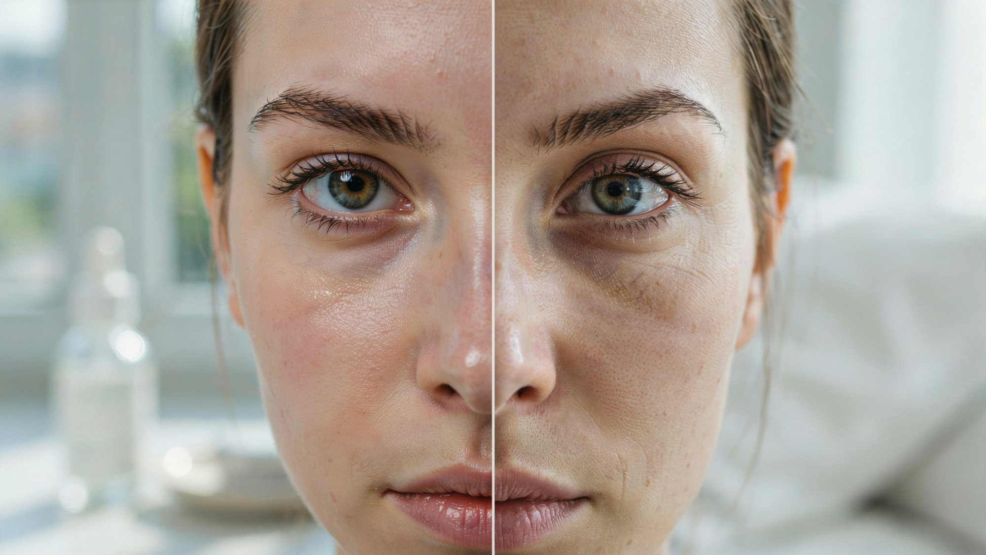 Split visual showing healthy under-eye skin and early fine lines caused by aging and lifestyle factors.