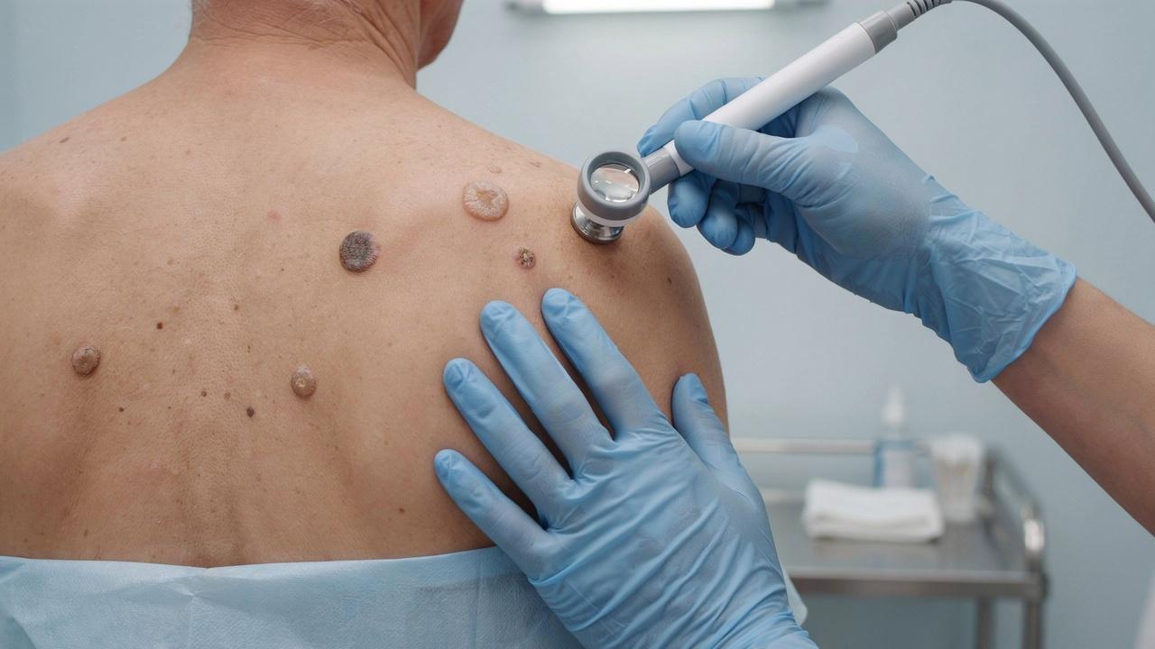 Close-up of harmless seborrheic keratoses with a waxy raised appearance being examined in a dermatology setting.