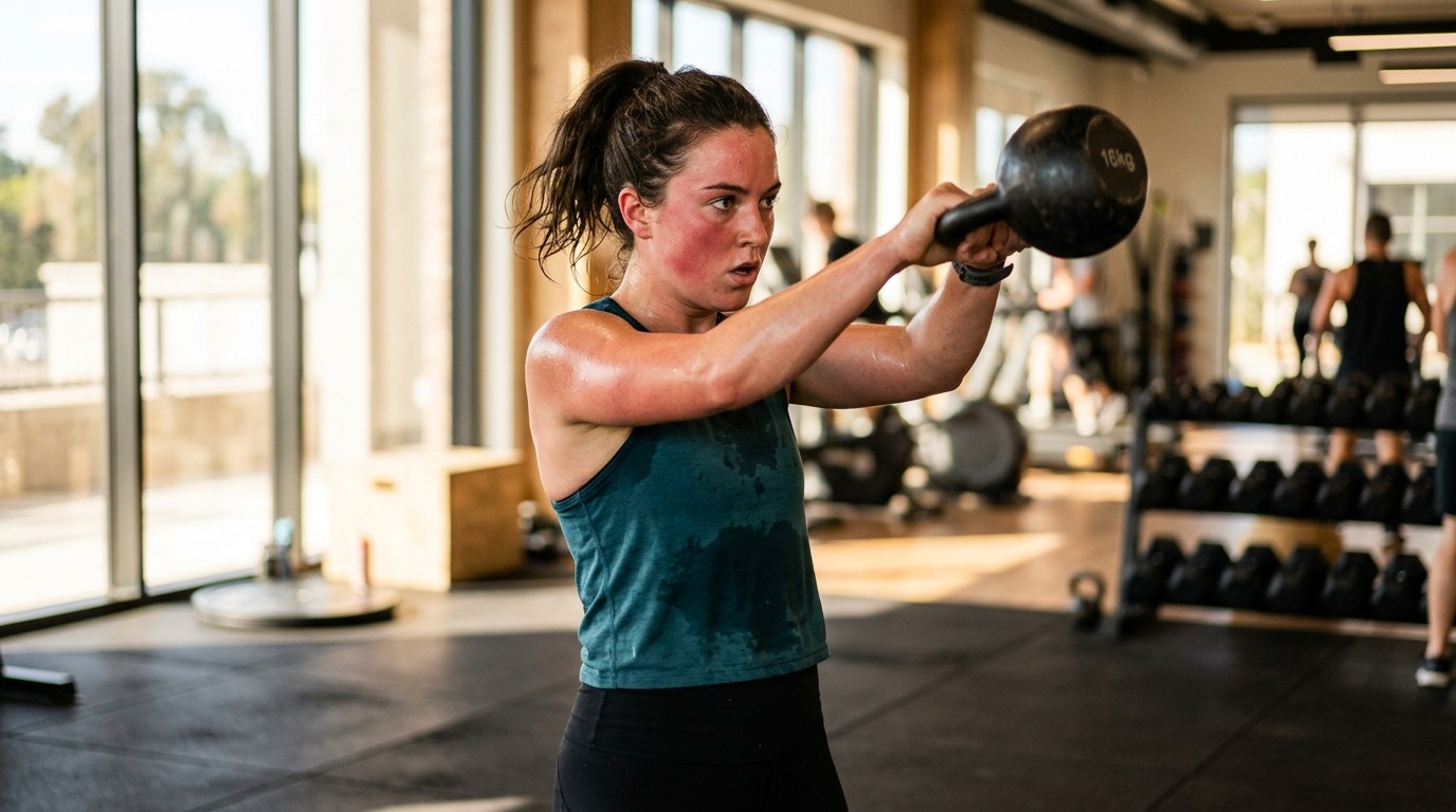 In a gym, a woman lifts a kettlebell, showcasing the effects of exercise on blood flow and facial redness.
