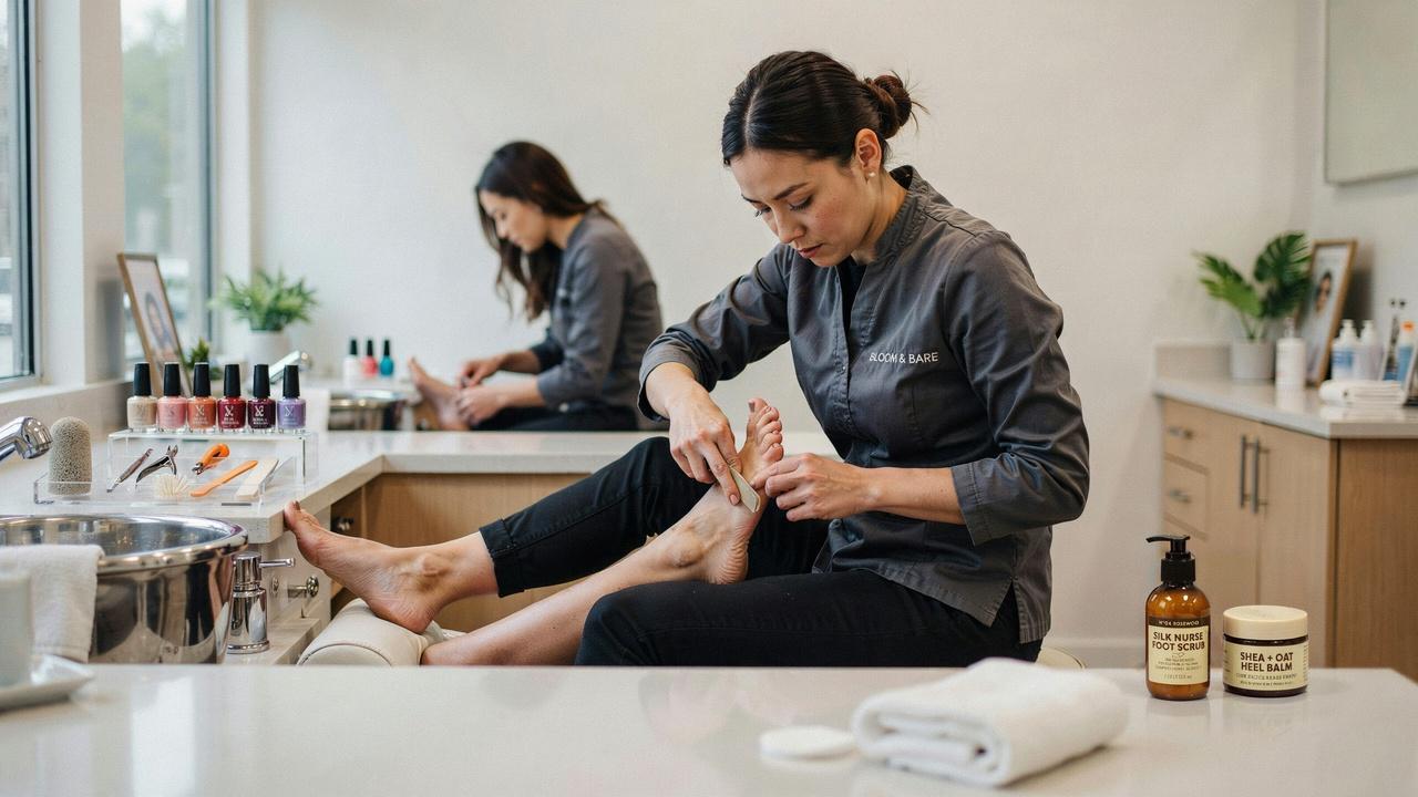Nail technician performing a pedicure while treating toenails and rough heels.