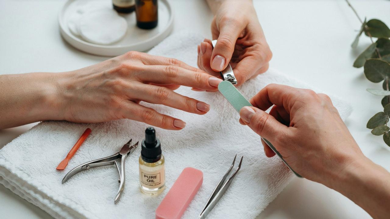 realistic trimming and filing acrylic nails before removal in refined style
