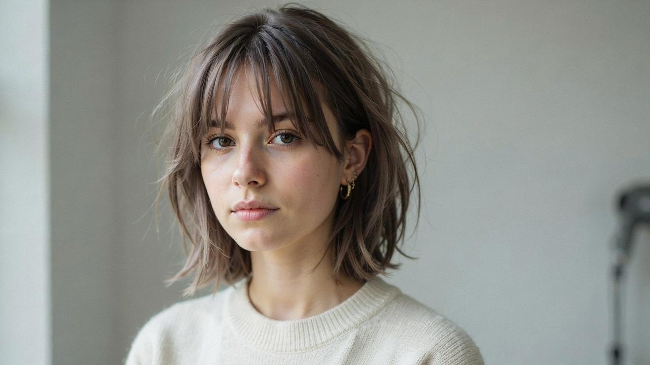 Woman with shaggy bangs and layered shag haircut.