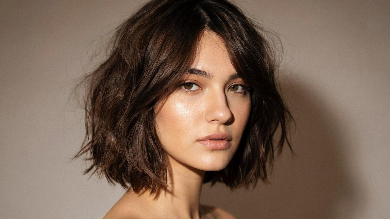 Brunette shaggy layered bob with soft layers.