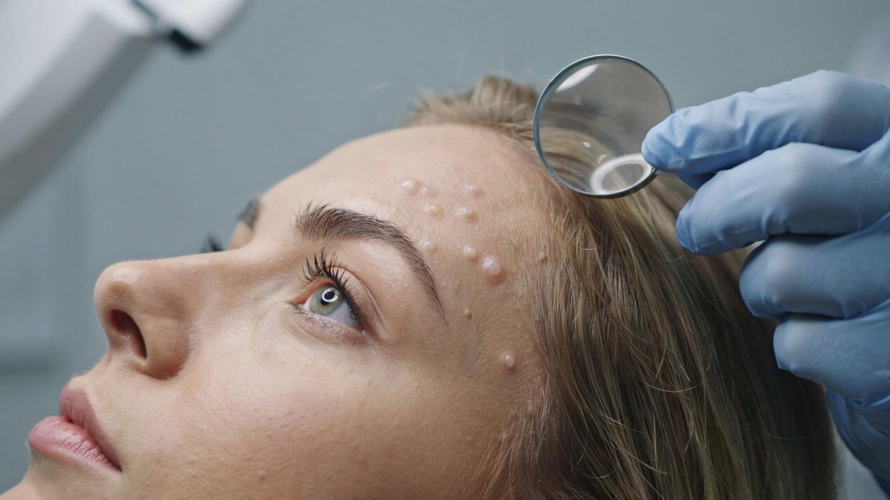 Close-up of tiny white milia around the eyes being examined in a dermatology clinic.