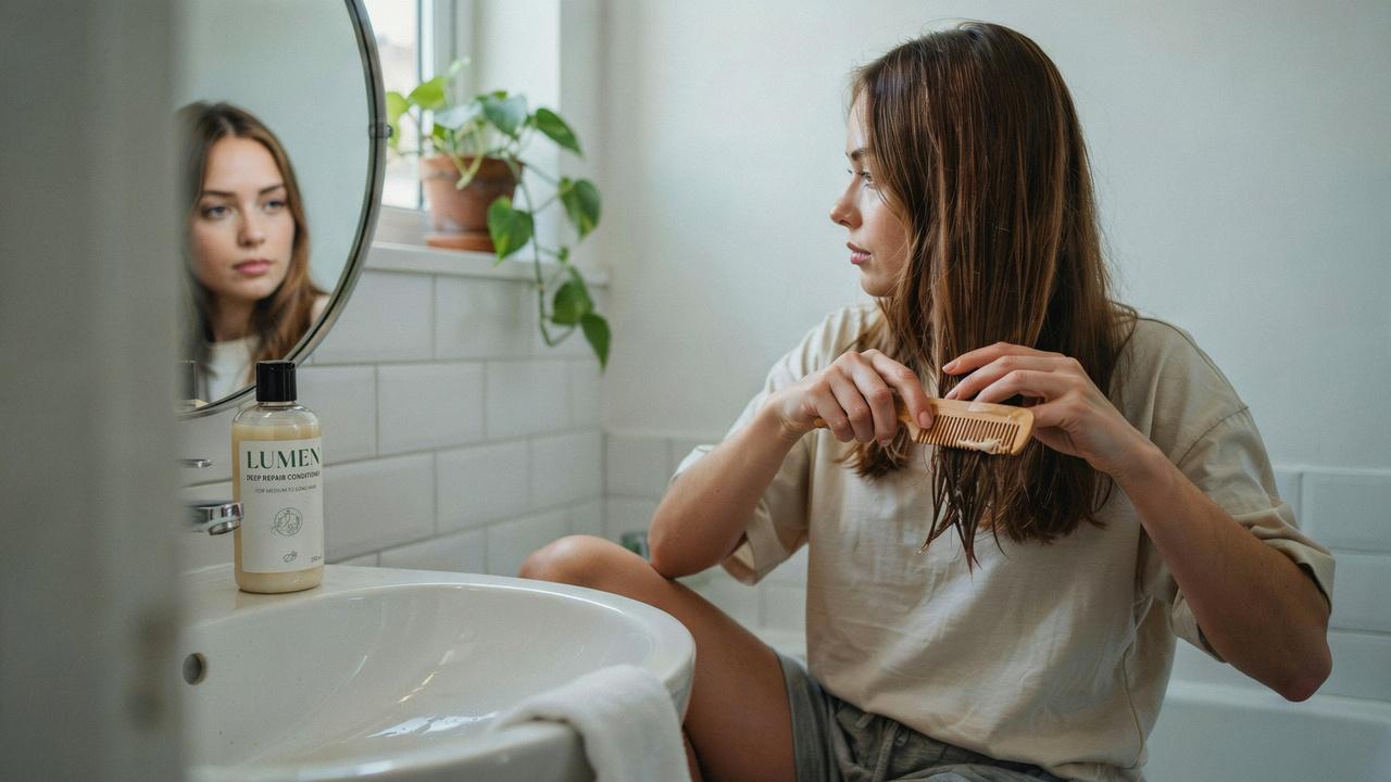 Applying conditioner to the mid-lengths and ends of hair while avoiding the scalp.