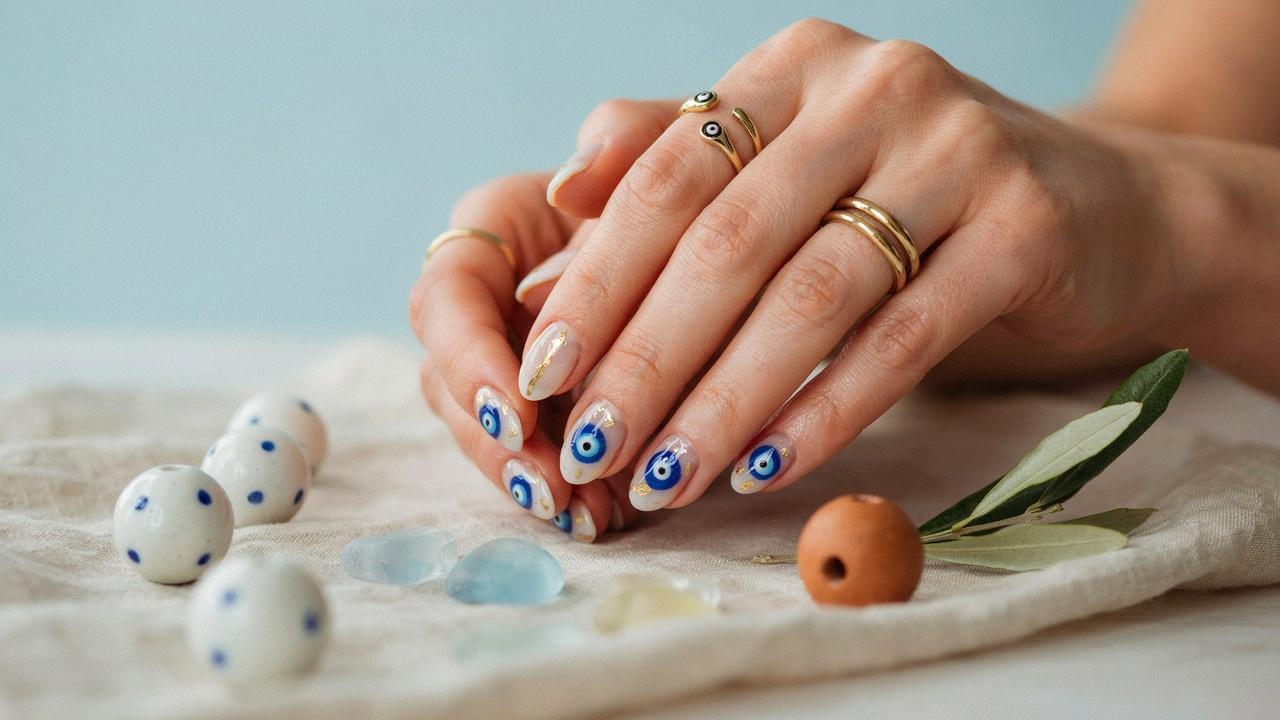 Glossy white nails featuring blue evil eye nail art with classy Mediterranean-influenced details.