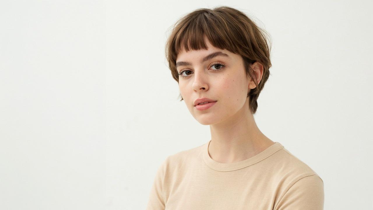 Woman with trendy baby bangs above the eyebrows.