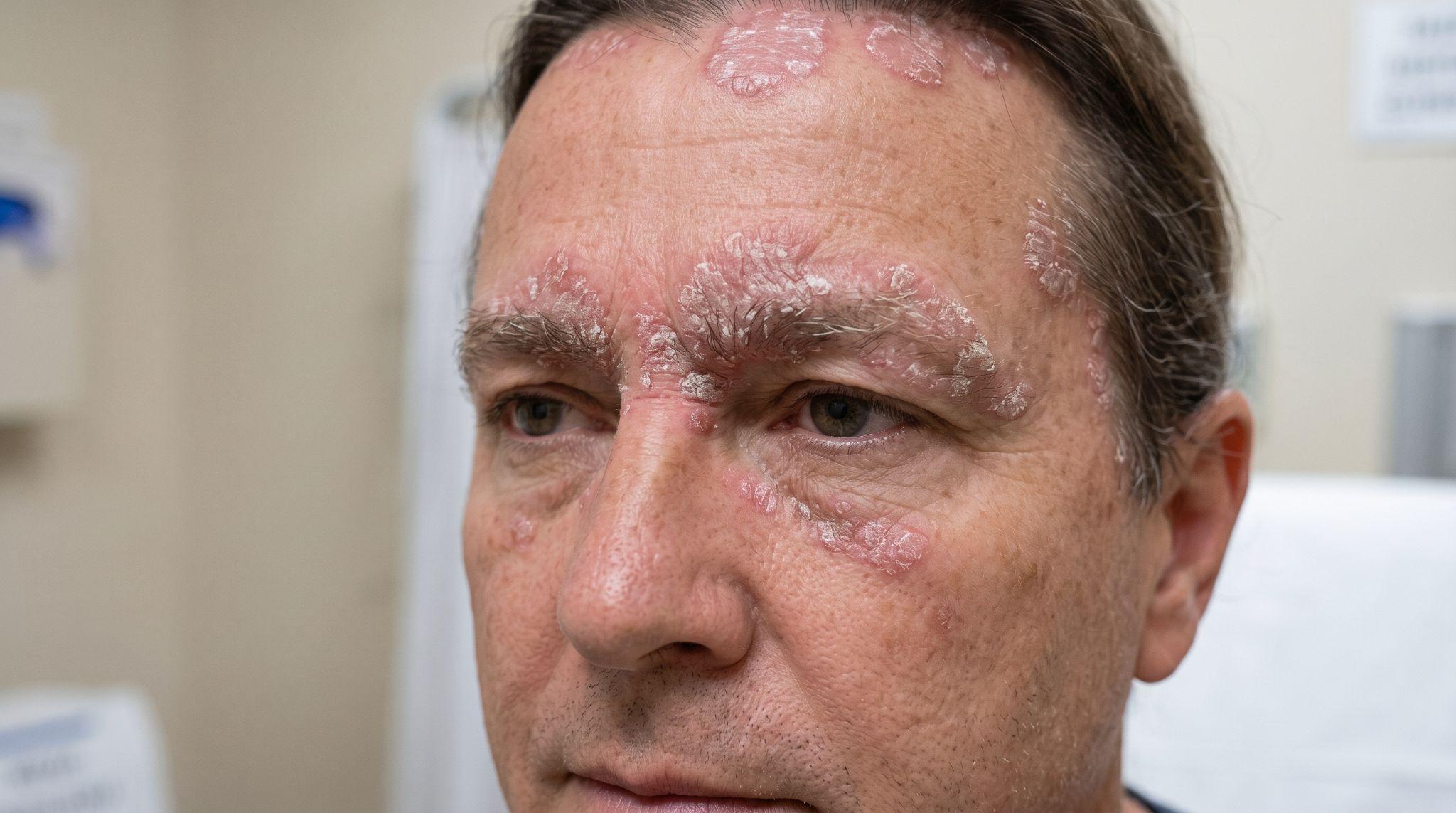 Illustration skin barrier damage, featuring psoriasis on the face for visual context.