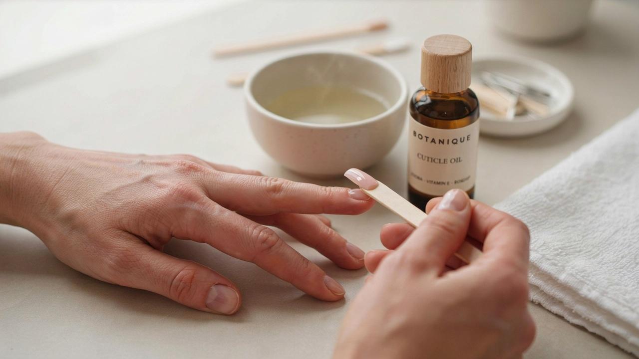 realistic gently removing loosened acrylic nails with cuticle stick in refined style