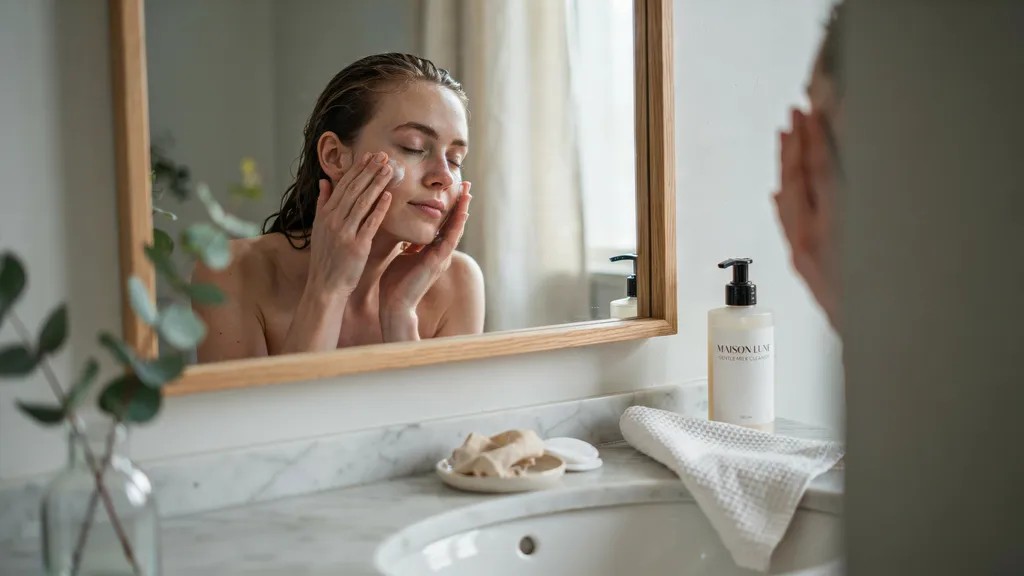 A person gently cleansing their face with a mild cleanser in a bathroom setting.