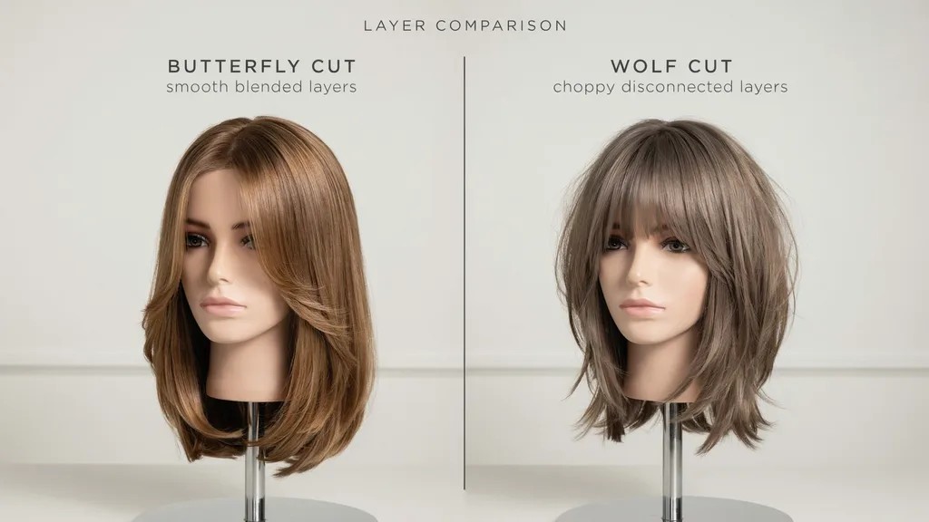 Butterfly cut with smooth layers compared to wolf cut with choppy textured layers.