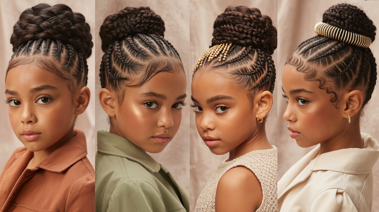 Braided bun hairstyles on young Black girls featuring elegant braided updos with beads and natural textures