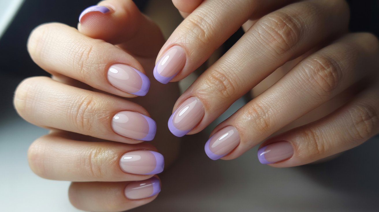 Purple French fade nails with blended glossy tips on classy feminine manicured hands beautifully styled.