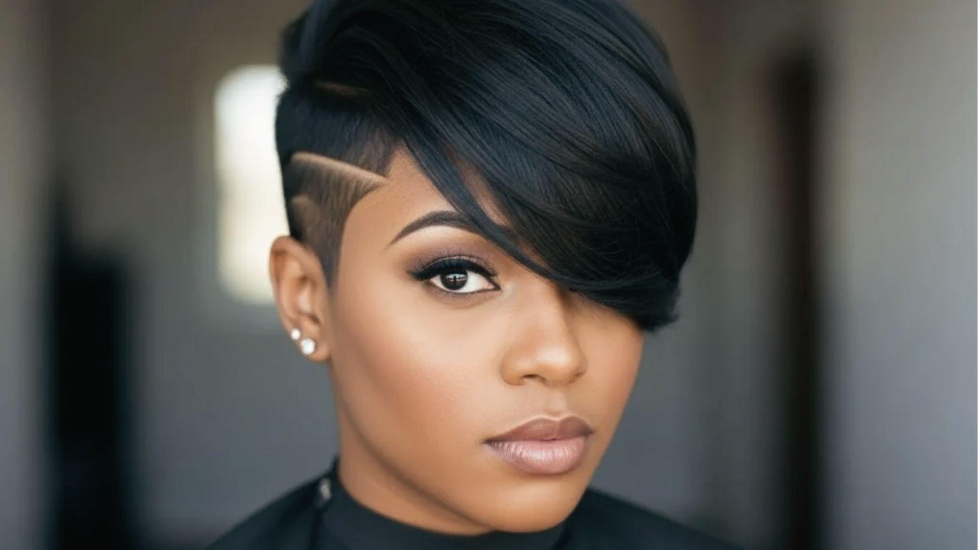 Woman with sleek pixie cut, shaved design lines, long side-swept bangs