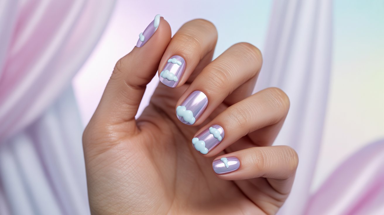 Lavender cloud nails with fluffy white nail art and dreamy pastel manicure aesthetic.