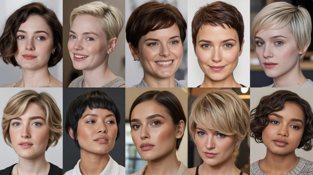Collage of different face shapes with matching short hairstyles showing the best haircut choices for each face type.
