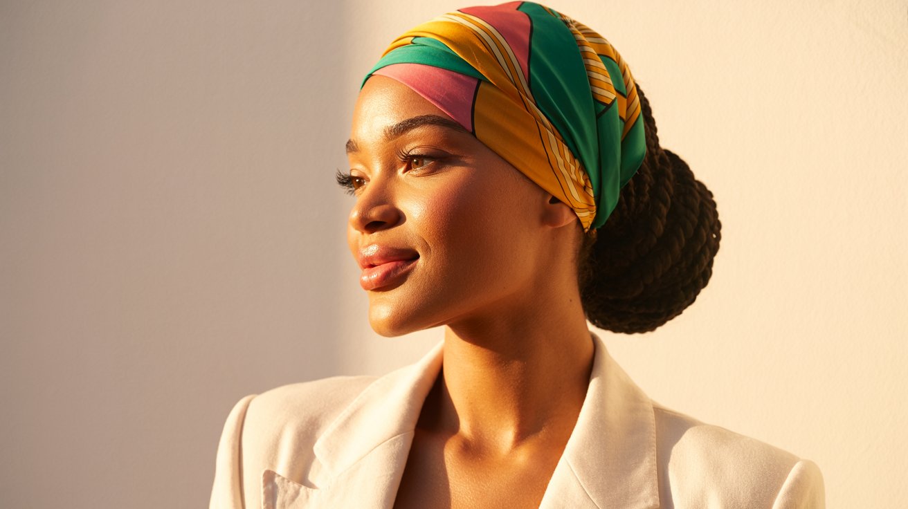 Black woman wearing braided bun hairstyle wrapped with colorful silk scarf accessory stylishly today beautifully