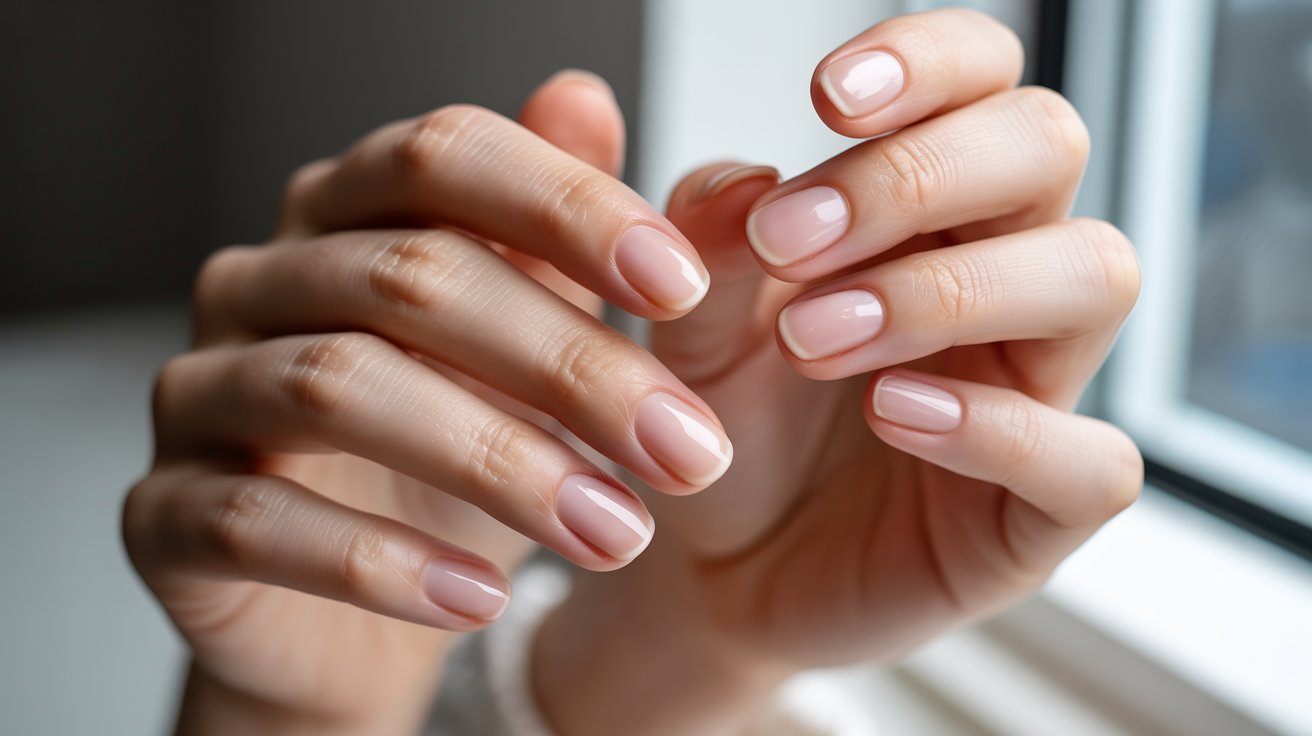 "Short natural nails with a clear glossy gel finish in a clean, minimal, and polished manicure style."