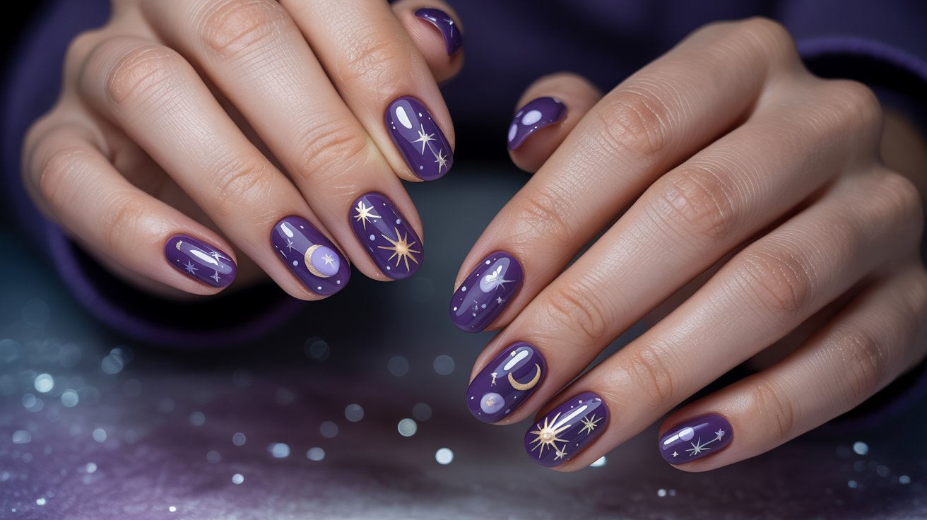 Purple celestial nail art with stars and moons on glossy classy feminine manicured hands beautifully.