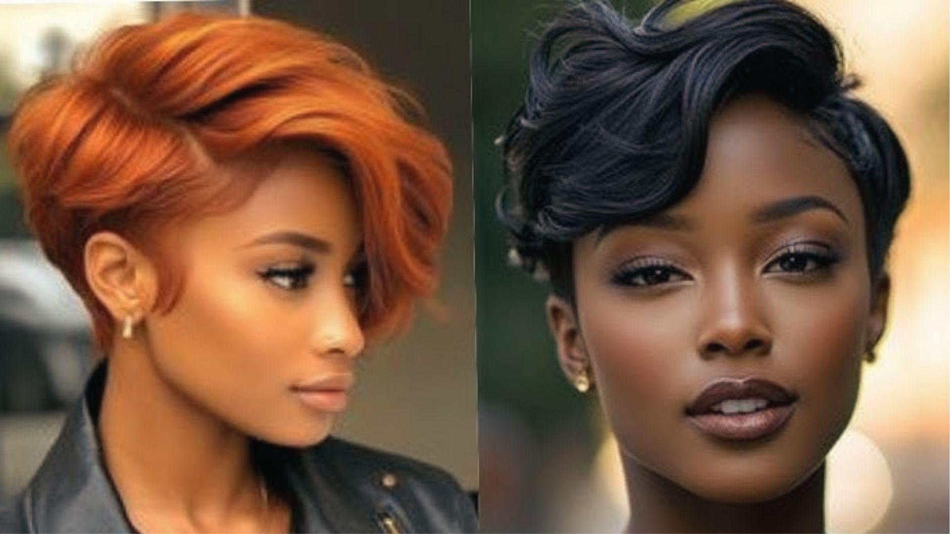 Split image: copper wavy pixie vs black curly pixie, both short styles, soft glam