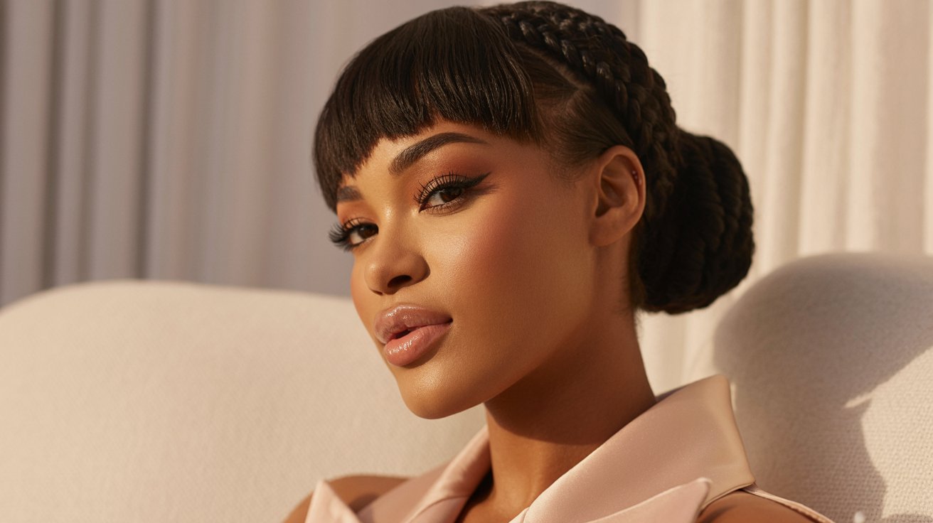 Black woman wearing braided bun hairstyle with stylish bangs framing face softly and beautifully today