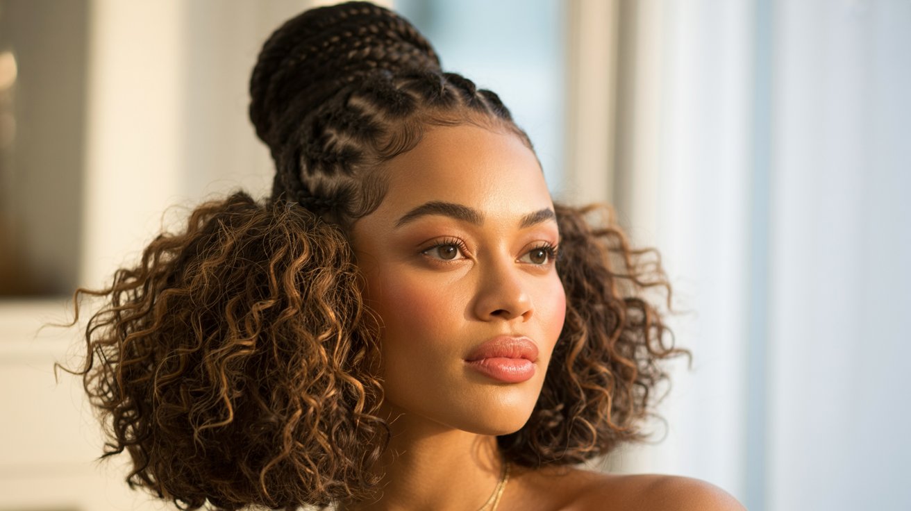 Black woman wearing braided bun hairstyle featuring playful curly ends and soft glamorous texture