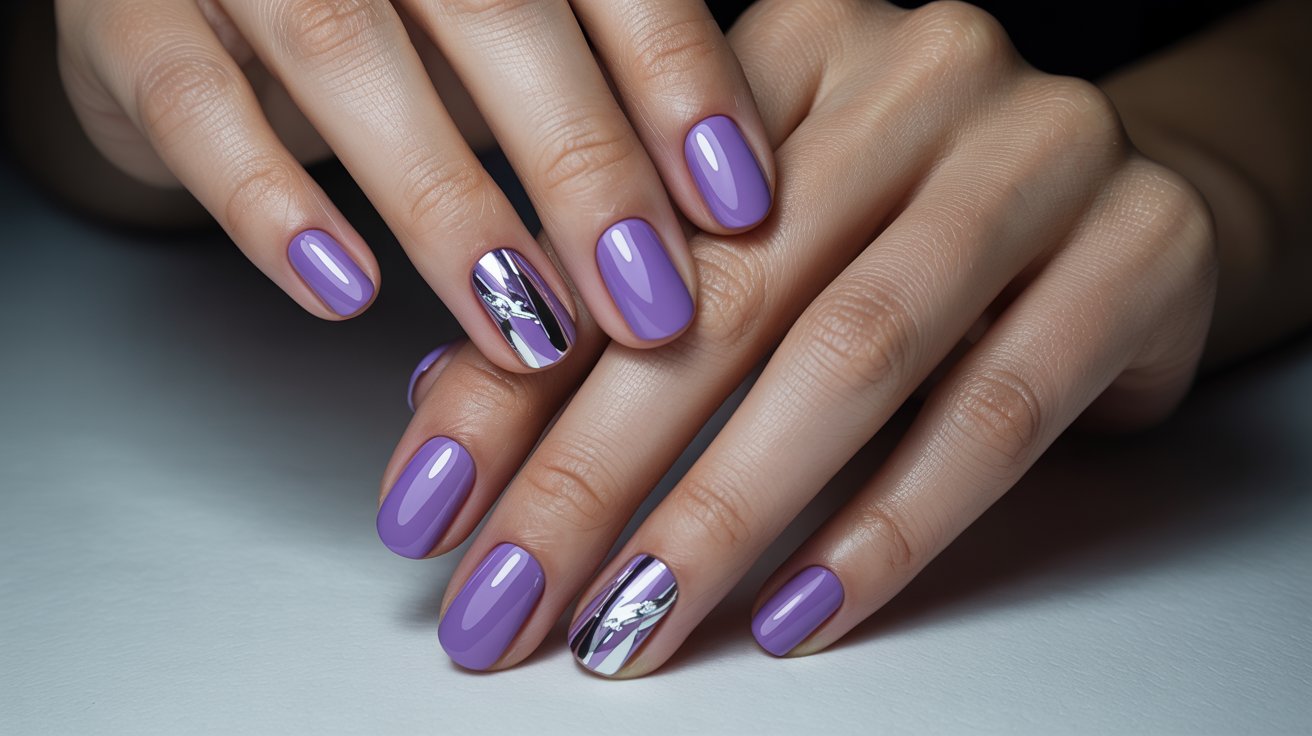 Lavender and silver nails with metallic accents in a glamorous cool-toned manicure aesthetic.
