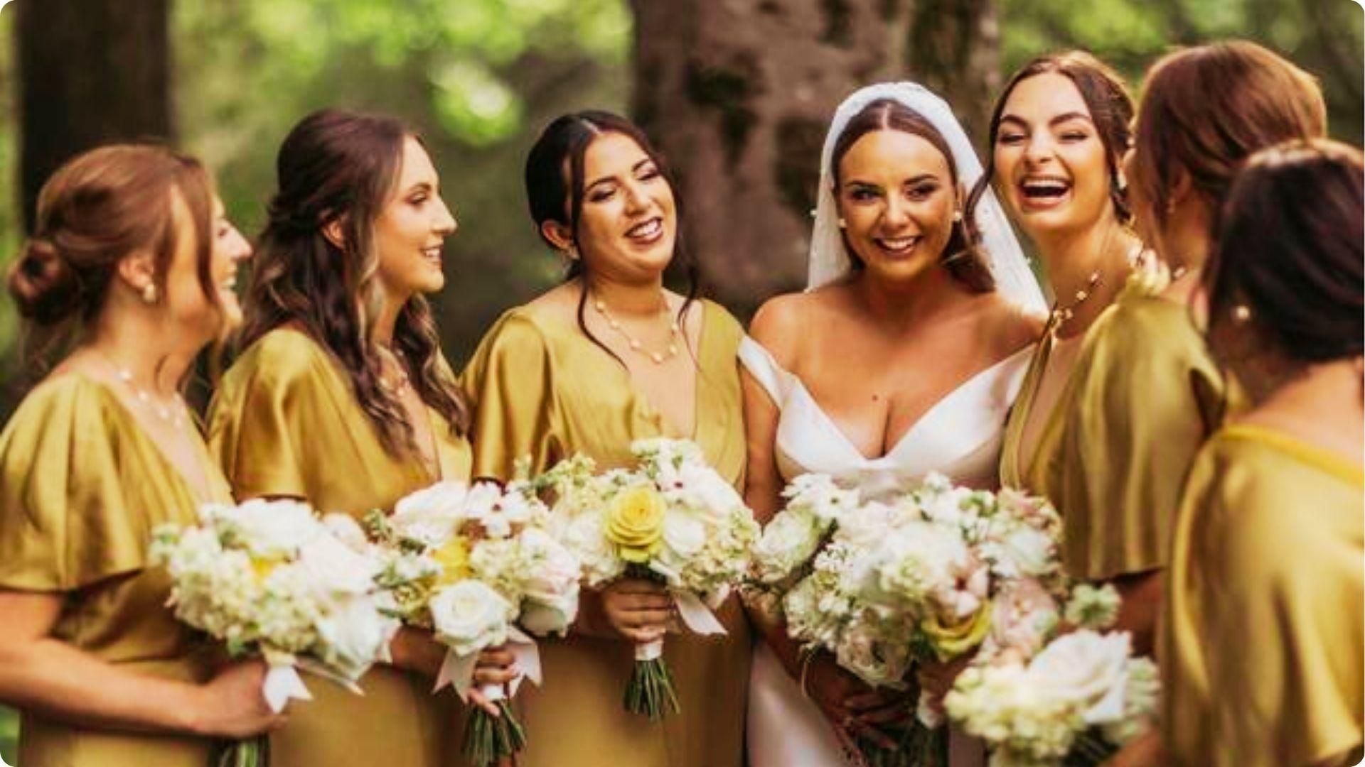 Bride with bridesmaids in mustard dresses holding white bouquets, wearing soft natural wedding makeup with dewy skin and nude lips.