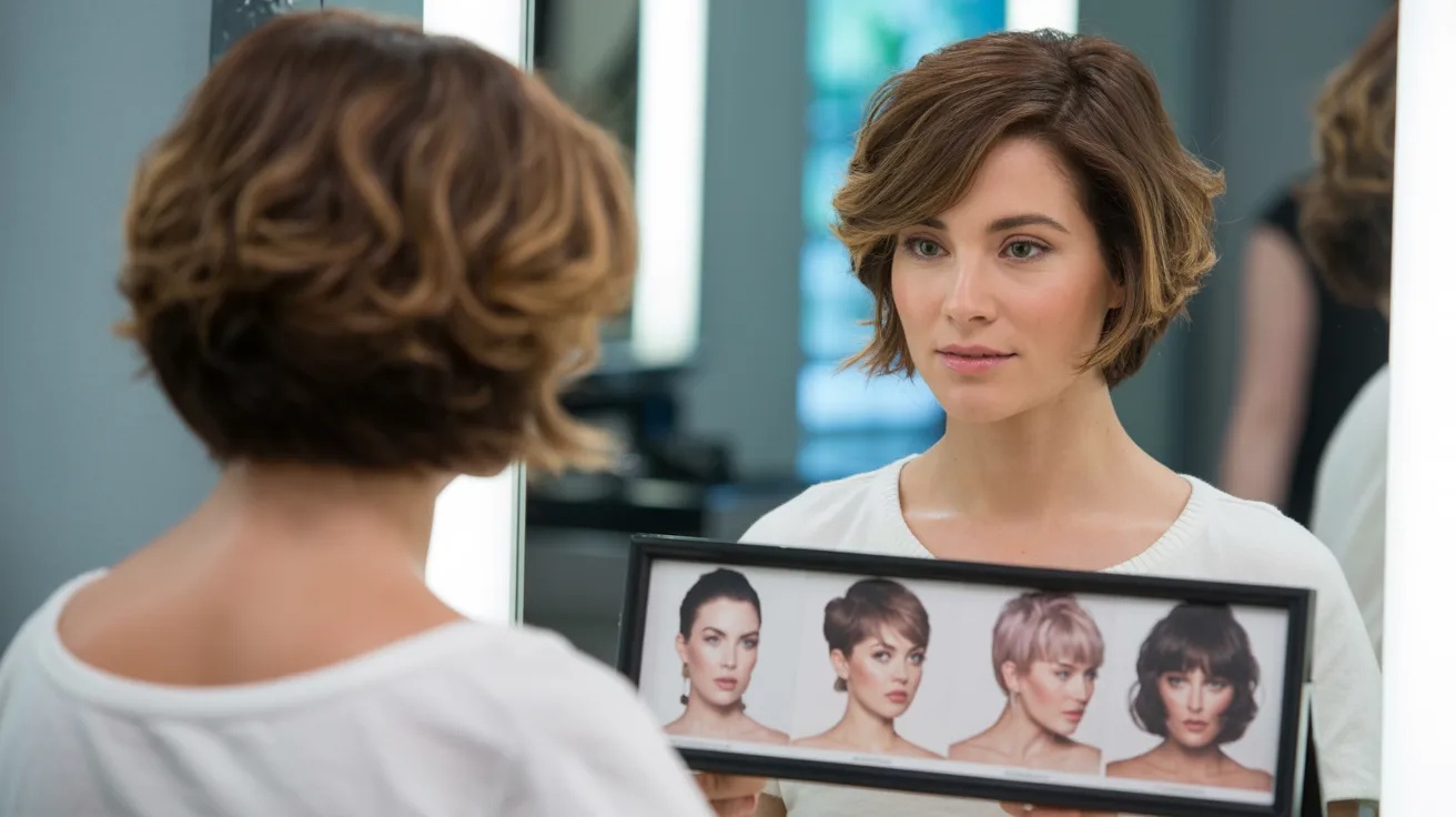 Hairstylist analyzing face shape to choose the most suitable short hairstyle.