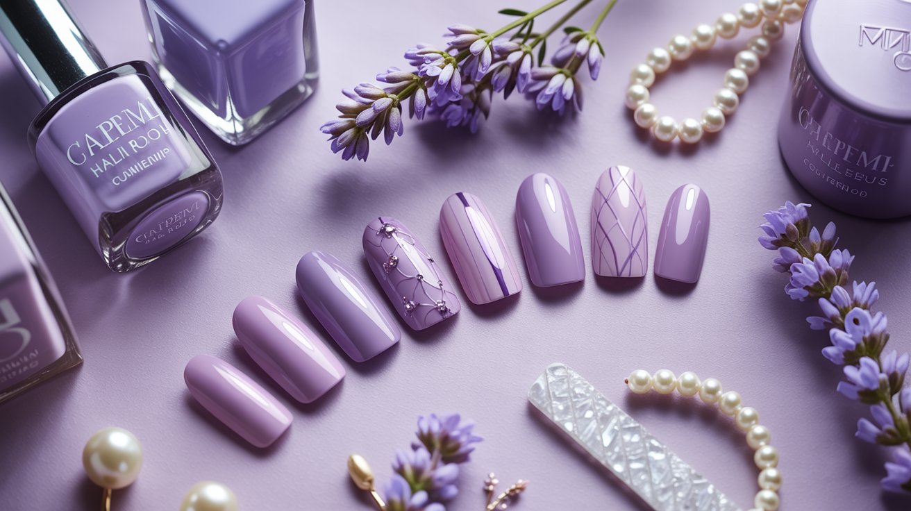 Lavender nail designs featuring glossy floral chrome ombre manicures with classy pastel purple beauty aesthetic.