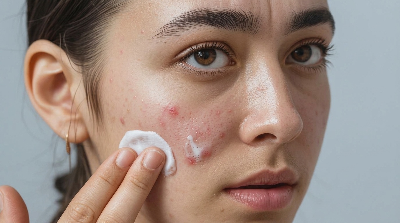 Close-up of a woman applying direct benzoyl peroxide to her face.