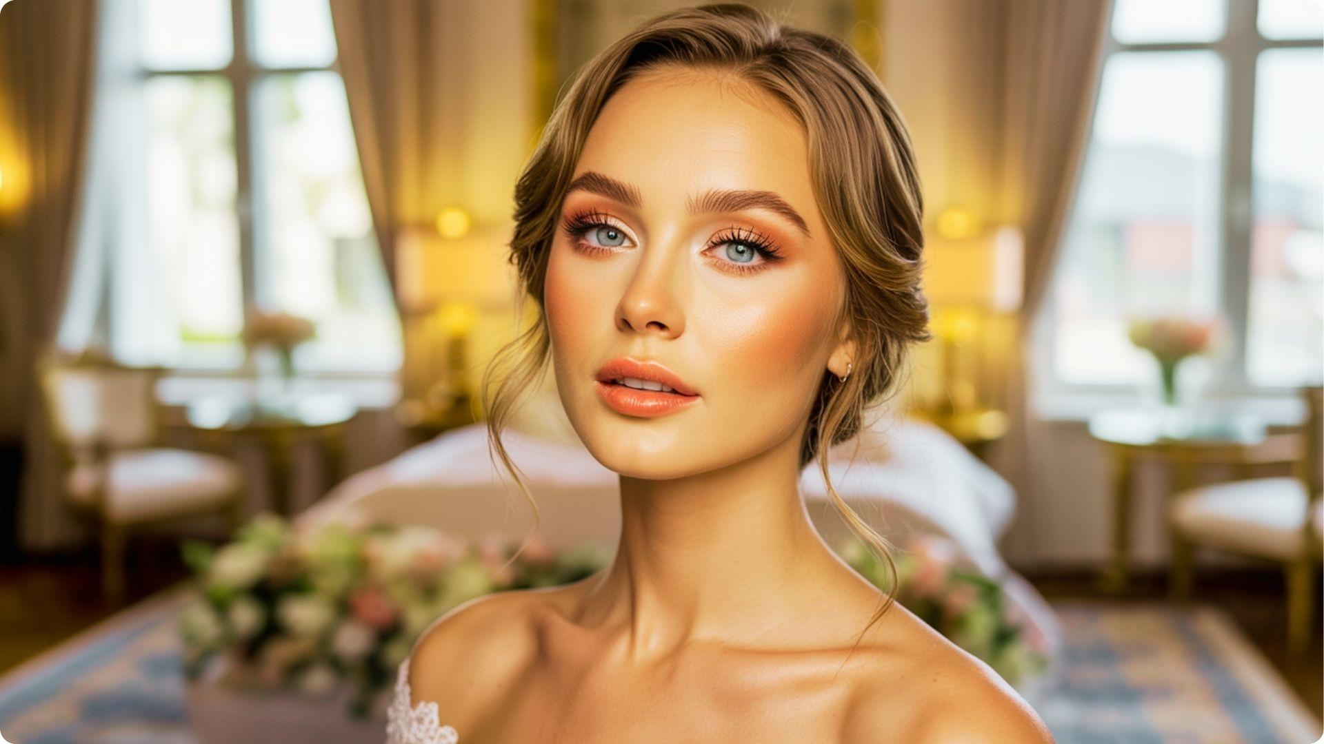 Blonde bride in a classy updo with peach-toned eyeshadow, wispy lashes, and glossy coral lips for a soft romantic wedding look.